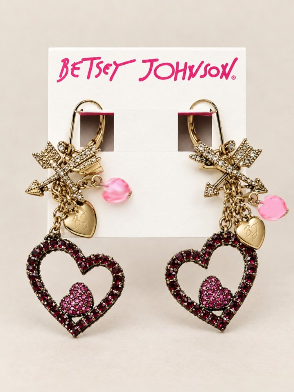 Betsey Johnson Heart & Arrow Charm Drop Earrings Red Pink New